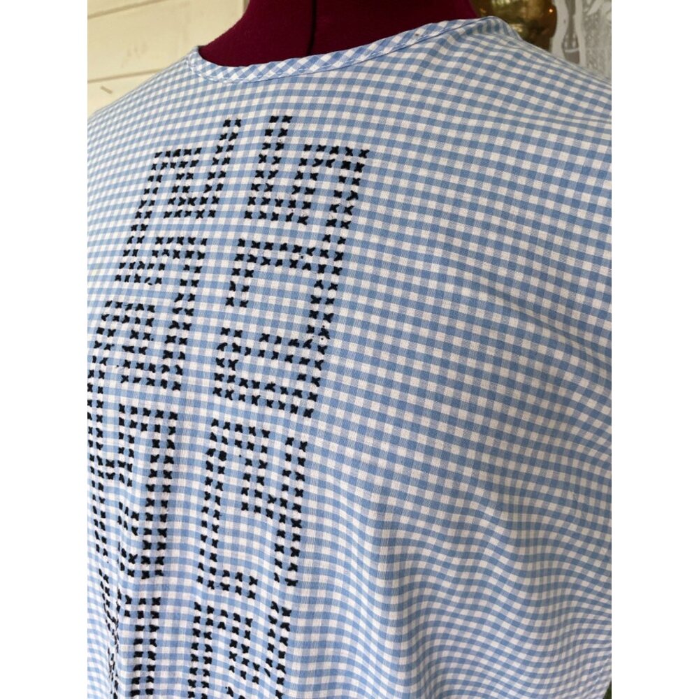 Vintage 1960s Blue White Gingham Checked Embroidered Cotton House Dress L/M - Picture 12 of 16